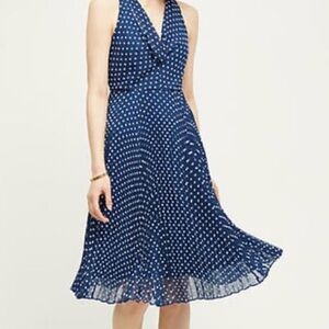Eva Franco Dabney Midi Dress Navy Blue & White Polka Dot Flowers Pleated